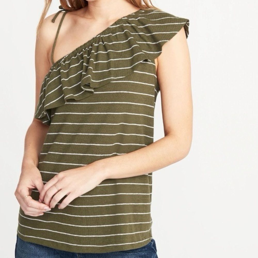 Old Navy Ruffled Linen-Blend One-Shoulder Green Striped Top Women’s Sz XL